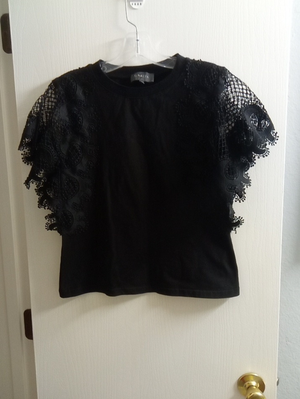 Gracia Black Short-Sleeve Top with Lace Flutter Sleeves